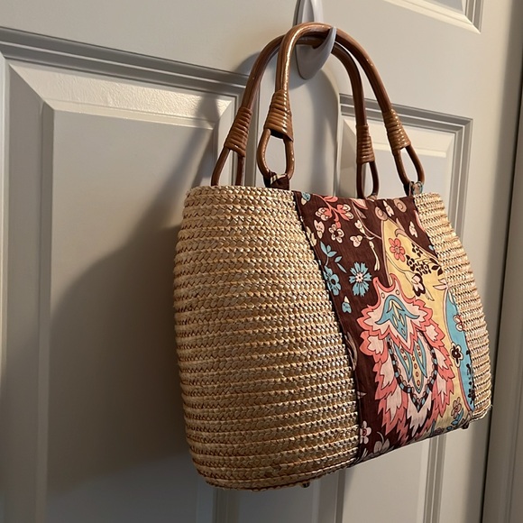 Ann Taylor Loft Woven Handbag with Bamboo Handles - Picture 3 of 9